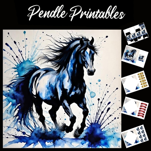 Splatter Art. The Blue Horse 7x7 Card Kit. Matching Box, Gift Bauble,Tag