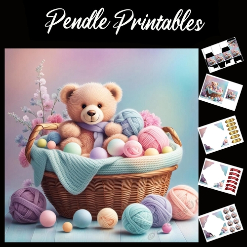 Teddies Basket. Baby Boy 7x7 Card Kit. Matching Box, Gift Bauble,Tag