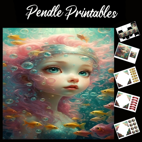 The Young Mermaid 7x7 Card Kit. Matching Box, Gift Bauble,Tag