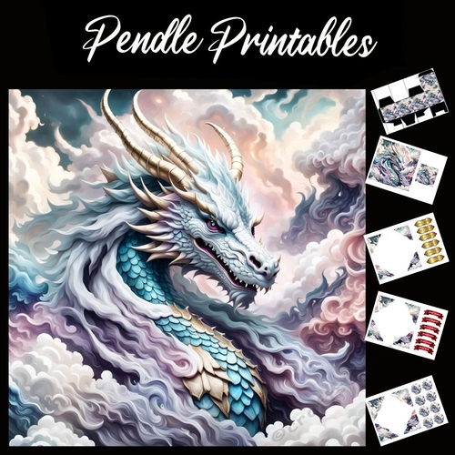 Golden Horned Dragon 7x7 Card Kit. Matching Box, Gift Bauble,Tag