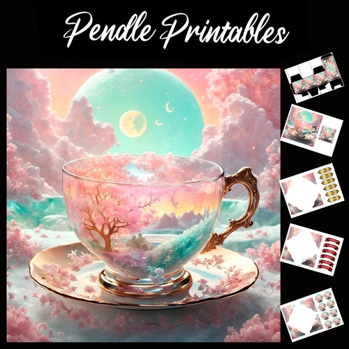 The Fantasy Teacup 7x7 Card Kit. Matching Box, Gift Bauble,Tag