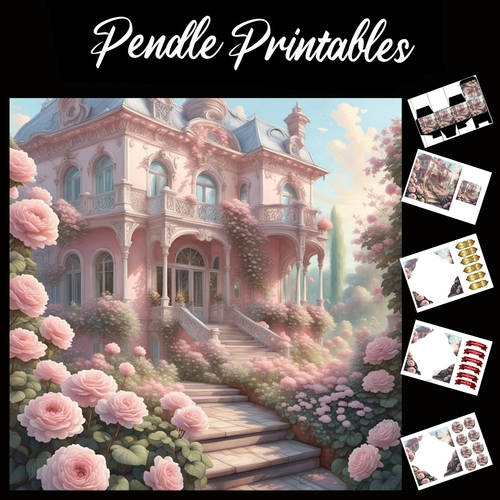 Candy Pink Villa 7x7 Card Kit. Matching Box, Gift Bauble,Tag