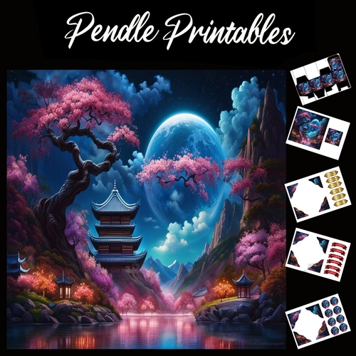 Beautiful Japanese Moonlight Scene 7x7 Card Kit. Matching Box, Gift Bauble,Tag