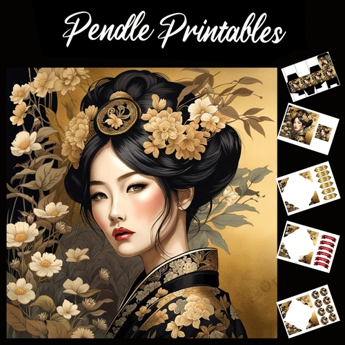 Beautiful Golden Geisha 7x7 Card Kit. Matching Box, Gift Bauble,Tag