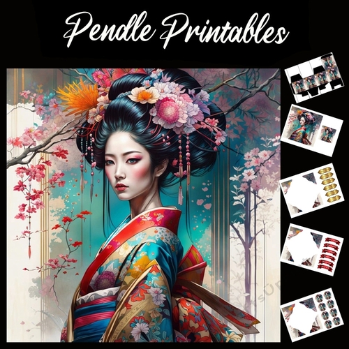 Beautiful Japanese Geisha (4) 7x7 Card Kit. Matching Box, Gift Bauble,Tag