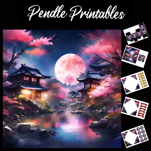Pink Moon Village 7x7 Card Kit. Matching Box, Gift Bauble,Tag