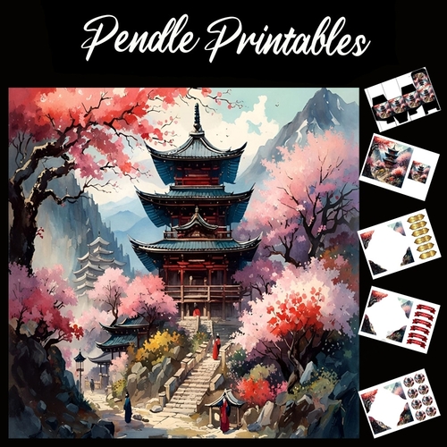 Plum Blossom Temple 7x7 Card Kit. Matching Box, Gift Bauble,Tag