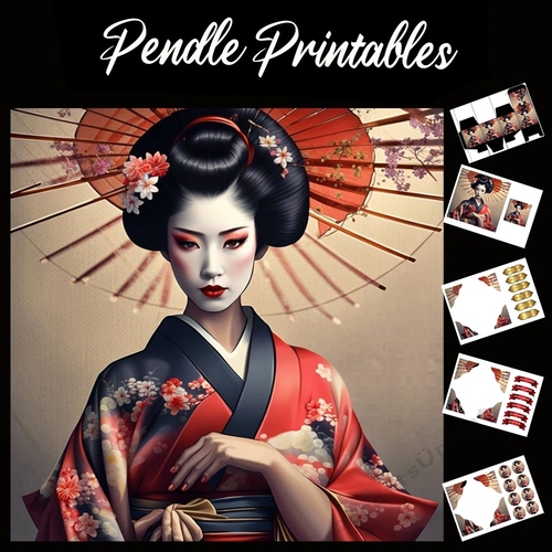 Beautiful Japanese Geisha (5) 7x7 Card Kit. Matching Box, Gift Bauble,Tag