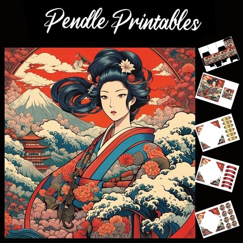 Anime Style Beautiful Japanese Lady 7x7 Card Kit. Matching Box, Gift Bauble,Tag