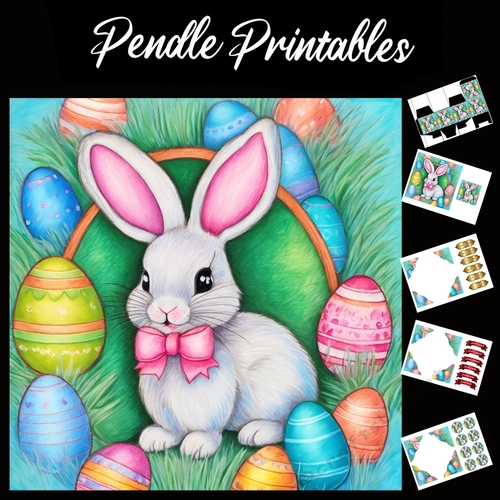 Cute Easter Bunny (19) 7x7 Card Kit. Matching Box, Gift Bauble,Tag