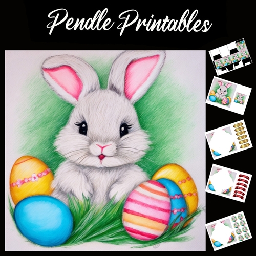 Cute Easter Bunny (23) 7x7 Card Kit. Matching Box, Gift Bauble,Tag