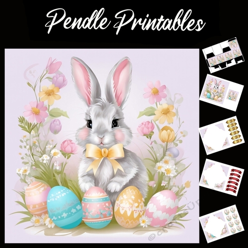 Cute Easter Bunny (27) 7x7 Card Kit. Matching Box, Gift Bauble,Tag