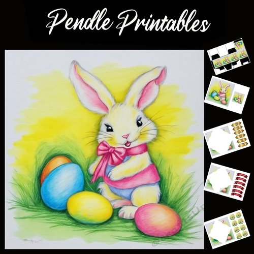 Cute Easter Bunny (28) 7x7 Card Kit. Matching Box, Gift Bauble,Tag