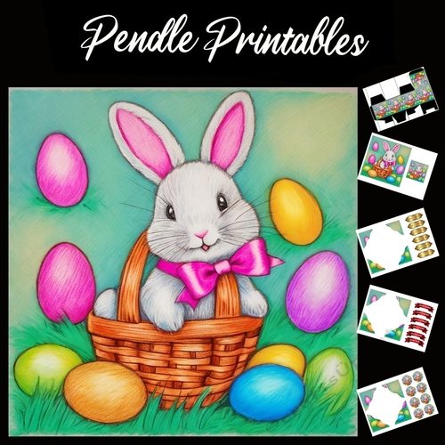 Cute Easter Bunny (32) 7x7 Card Kit. Matching Box, Gift Bauble,Tag