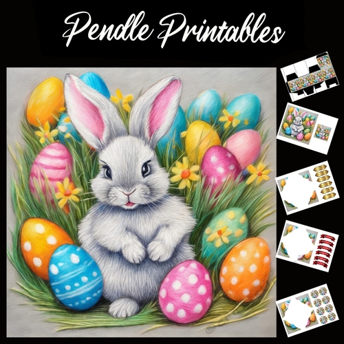 Cute Easter Bunny (35) 7x7 Card Kit. Matching Box, Gift Bauble,Tag