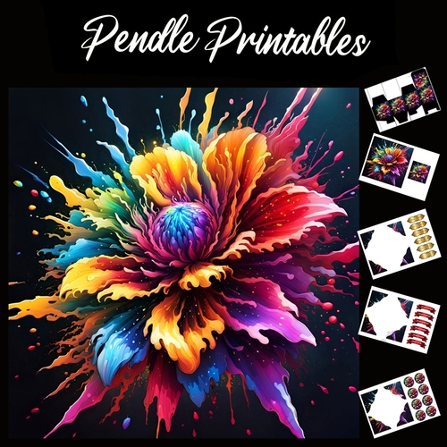 Splatter Art: The Rainbow Flower 7x7 Card Kit. Matching Box, Gift Bauble,Tag
