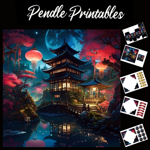 Moonlight Pagoda 7x7 Card Kit. Matching Box, Gift Bauble,Tag