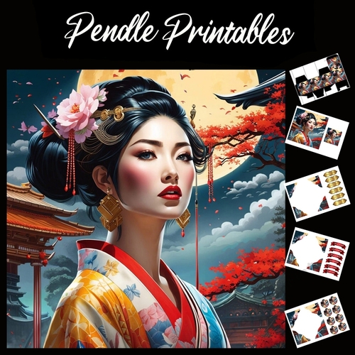 Beautiful Japanese Geisha (7) 7x7 Card Kit. Matching Box, Gift Bauble,Tag