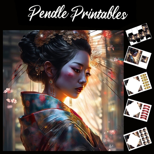 Beautiful Japanese Geisha (8) 7x7 Card Kit. Matching Box, Gift Bauble,Tag