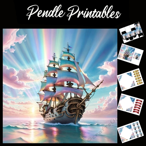 The Rainbow Galleon 7x7 Card Kit. Matching Box, Gift Bauble,Tag