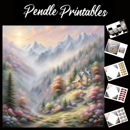 Cabin In The Mist 7x7 Card Kit. Matching Box, Gift Bauble,Tag