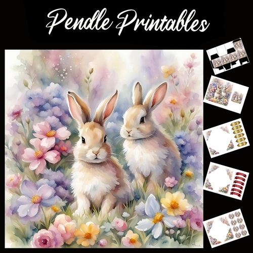 Watercolour Bunnies 7x7 Card Kit. Matching Box, Gift Bauble,Tag