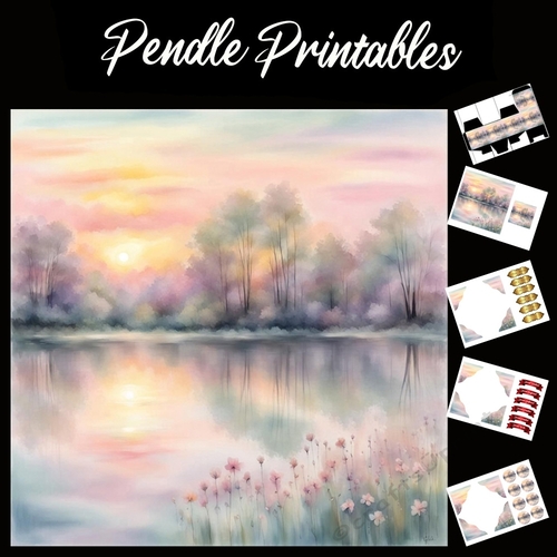 Pond At Dusk 7x7 Card Kit. Matching Box, Gift Bauble,Tag