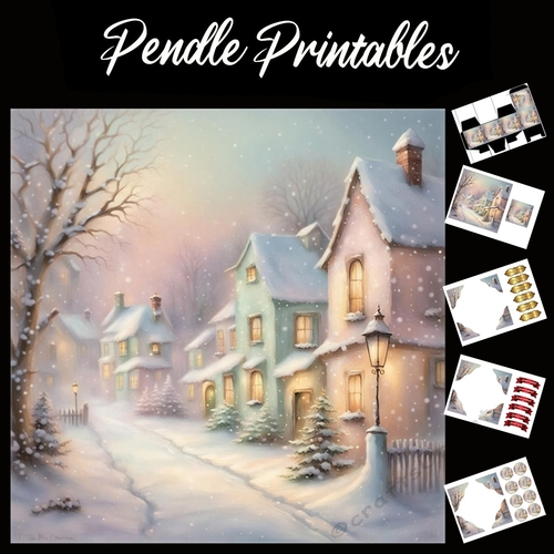 The Snowy Village 7x7 Card Kit. Matching Box, Gift Bauble,Tag