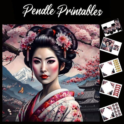Beautiful Japanese Geisha (9) 7x7 Card Kit. Matching Box, Gift Bauble,Tag