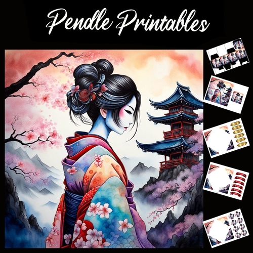 Beautiful Japanese Geisha (15) 7x7 Card Kit. Matching Box, Gift Bauble,Tag
