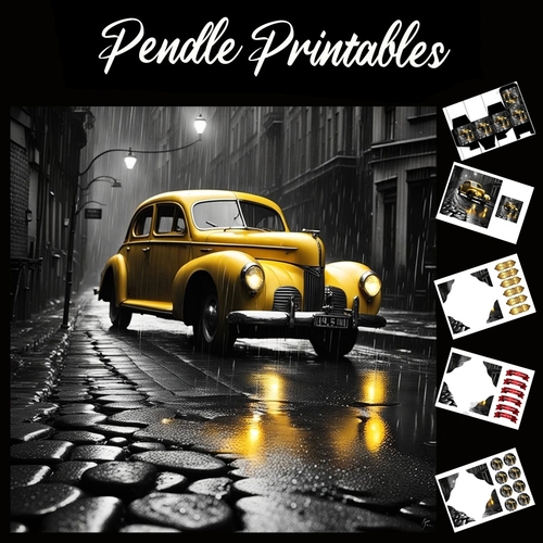 The Yellow Car 7x7 Card Kit. Matching Box, Gift Bauble,Tag