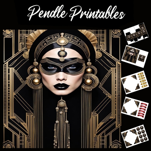 Art Deco Masked Beauty 7x7 Card Kit. Matching Box, Gift Bauble,Tag