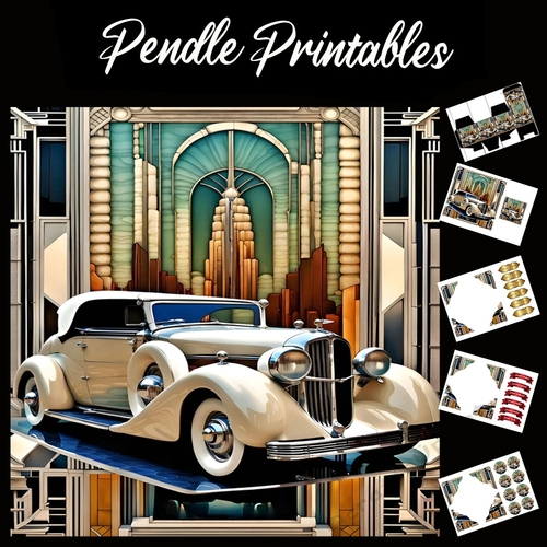 Art Deco Limo 7x7 Card Kit. Matching Box, Gift Bauble,Tag
