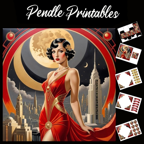 Art Deco The Red Lady 7x7 Card Kit. Matching Box, Gift Bauble,Tag