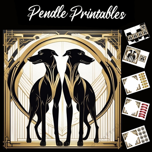 Art Deco Greyhounds 7x7 Card Kit. Matching Box, Gift Bauble,Tag