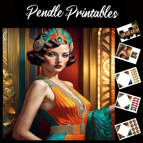Art Deco Orange And Green Lady 7x7 Card Kit. Matching Box, Gift Bauble,Tag