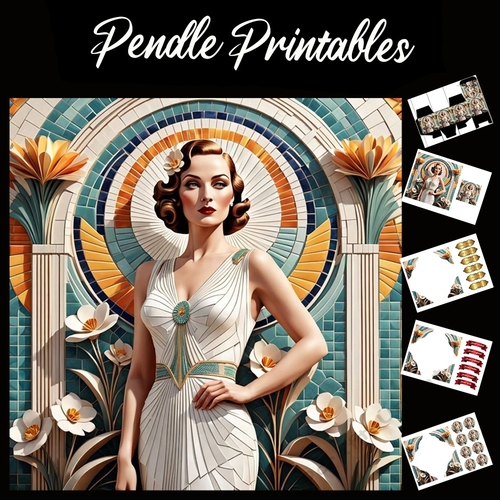 Art Deco White Lady 7x7 Card Kit. Matching Box, Gift Bauble,Tag