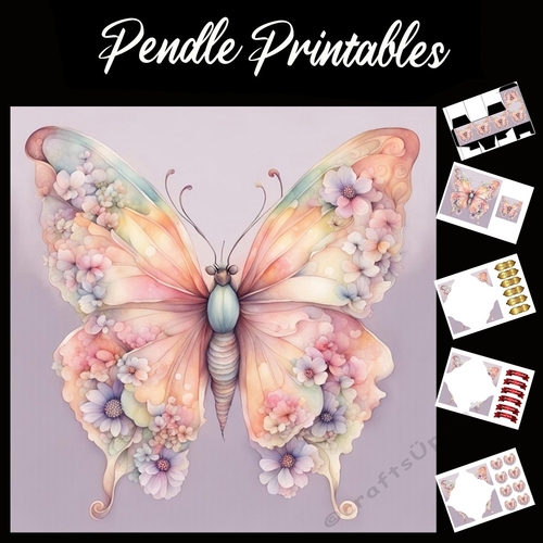 The Floral Butterfly 7x7 Card Kit. Matching Box, Gift Bauble,Tag