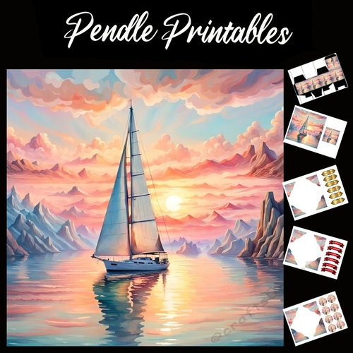 Sunset Yacht 7x7 Card Kit. Matching Box, Gift Bauble,Tag