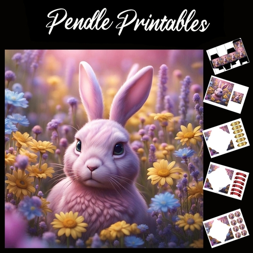 Fluffy Pink Bunny 7x7 Card Kit. Matching Box, Gift Bauble,Tag