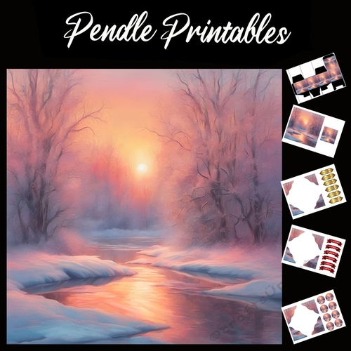 Sunset Snow River 7x7 Card Kit. Matching Box, Gift Bauble,Tag