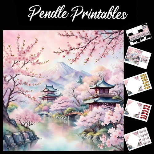 Plum Blossom Village 7x7 Card Kit. Matching Box, Gift Bauble,Tag