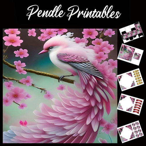 Pink Blossom Bird 7x7 Card Kit. Matching Box, Gift Bauble,Tag