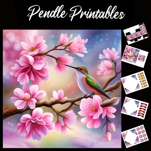 Pink Blossom Hummingbird 7x7 Card Kit. Matching Box, Gift Bauble,Tag