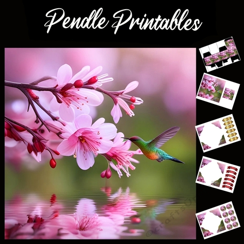 Pink Blossom Hummingbird (2)7x7 Card Kit. Matching Box, Gift Bauble,Tag