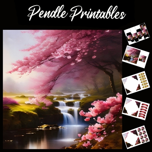 Cherry Blossom Waterful 7x7 Card Kit. Matching Box, Gift Bauble,Tag