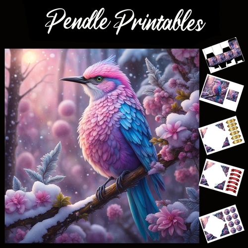 Beautiful Pink & Blue Bird 7x7 Card Kit. Matching Box, Gift Bauble,Tag