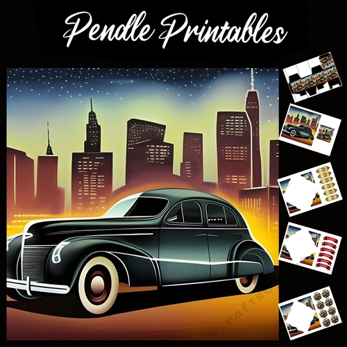 Art Deco Car 7x7 Card Kit. Matching Box, Gift Bauble,Tag