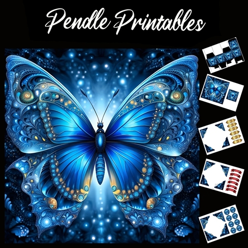 Enamel Blue Butterfly  7x7 Card Kit. Matching Box, Gift Bauble,Tag