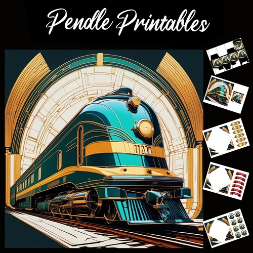 Art Deco Train 7x7 Card Kit. Matching Box, Gift Bauble,Tag